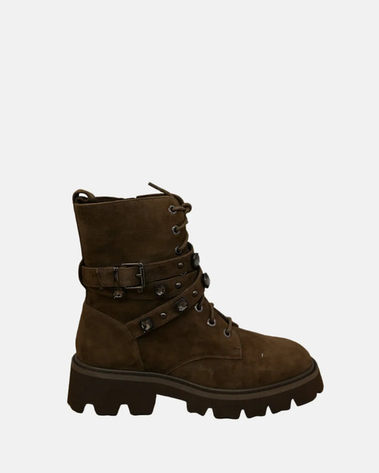 Chunky Buckle Boot in Camel Suede
