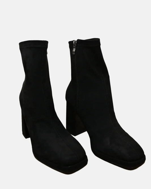 Laira Ankle Block Heel Boot in Black Suede