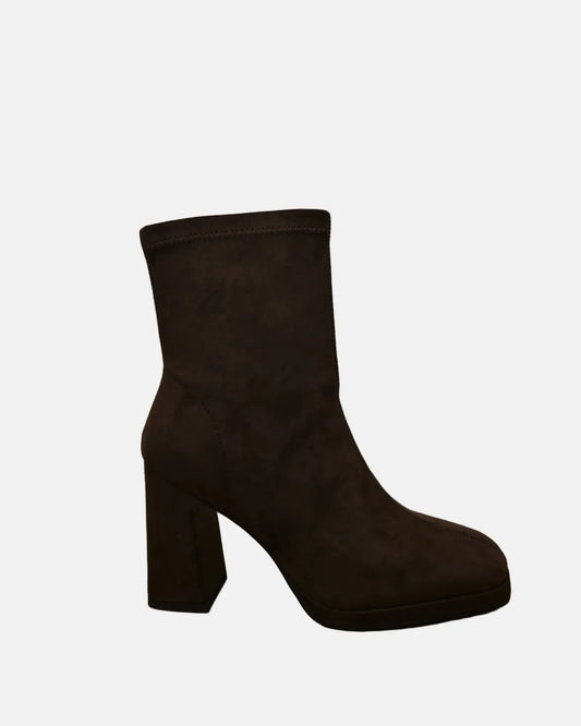Laira Ankle Block Heel Boot in Brown Suede