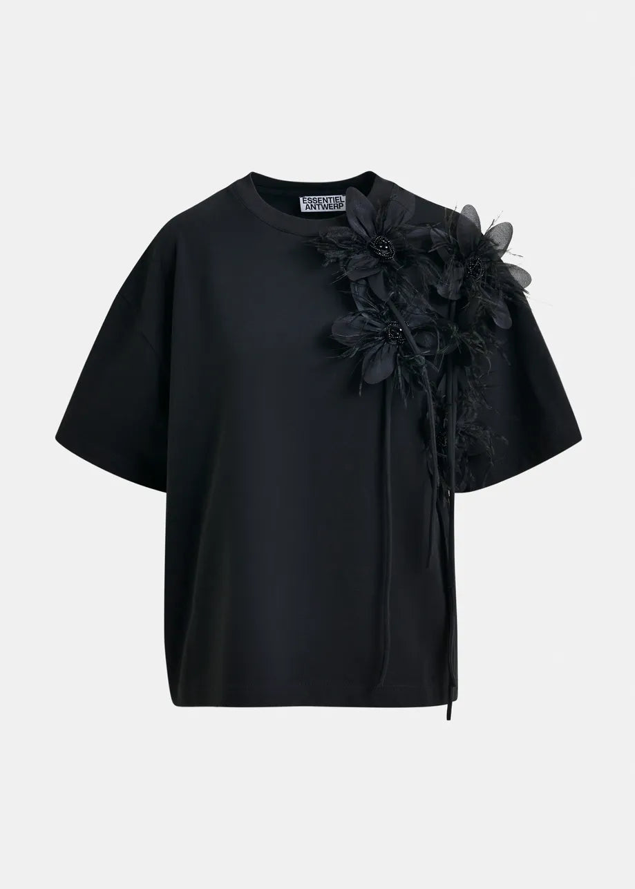 T-Shirt with Floral Detail in Black