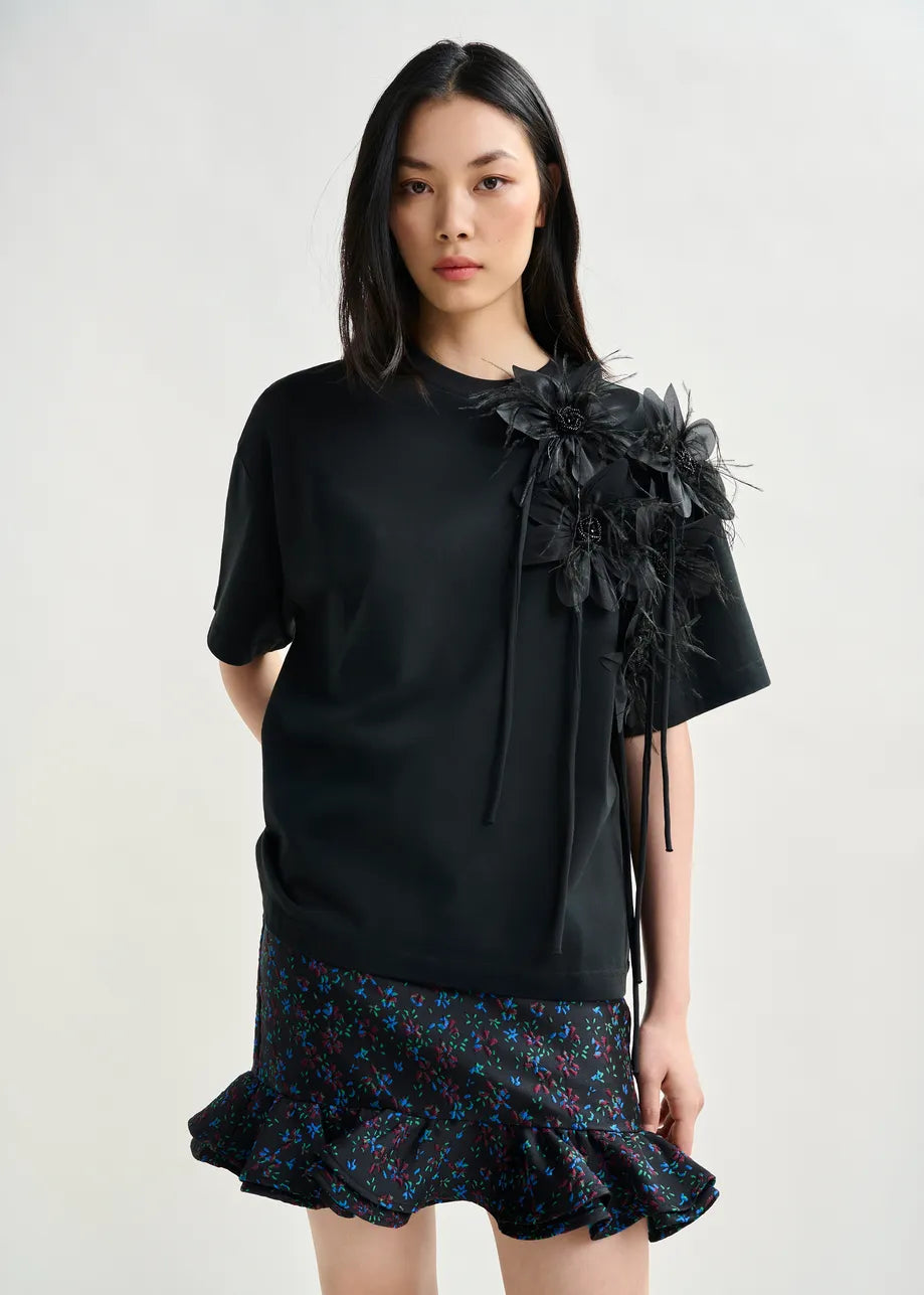 T-Shirt with Floral Detail in Black