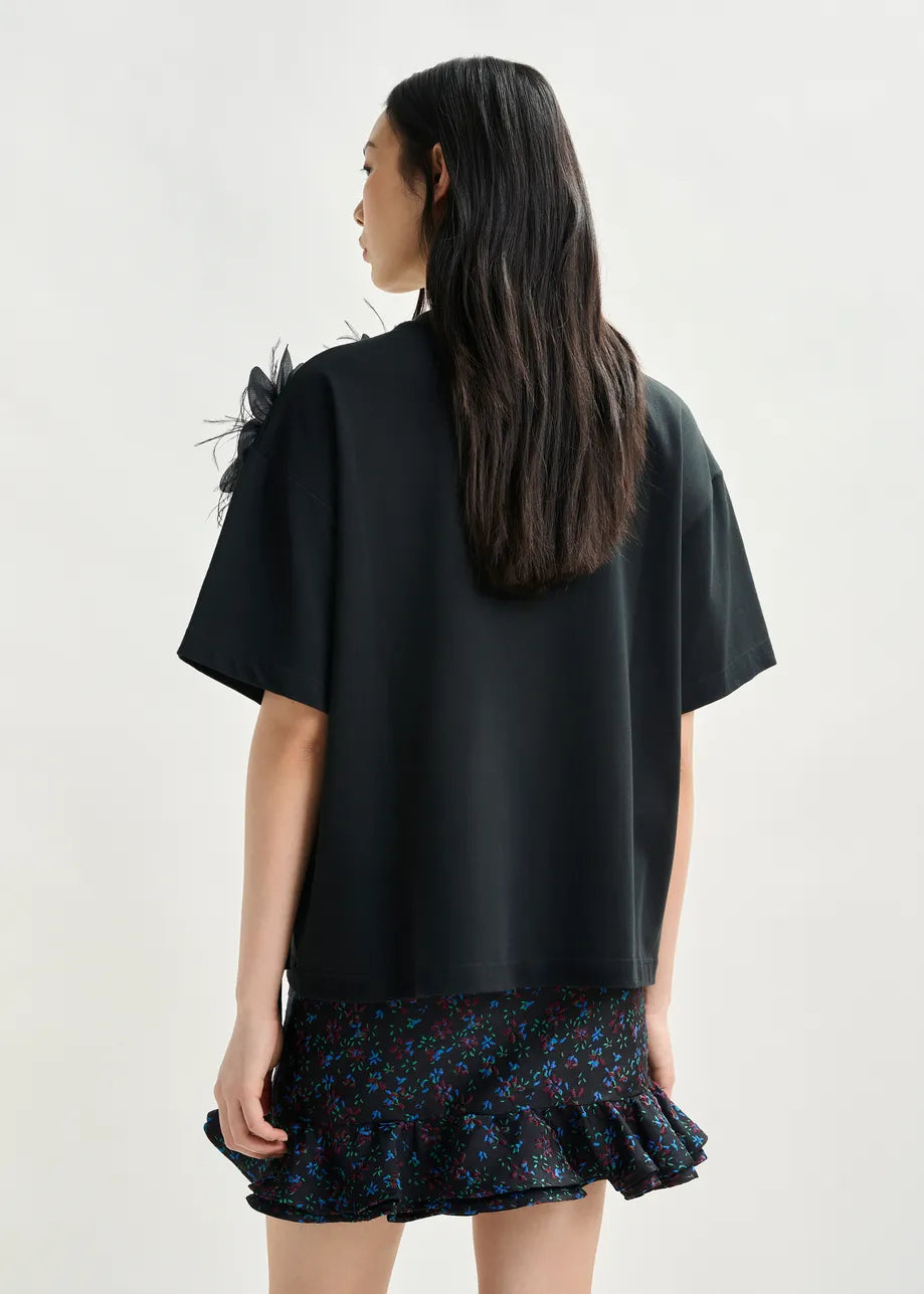 T-Shirt with Floral Detail in Black