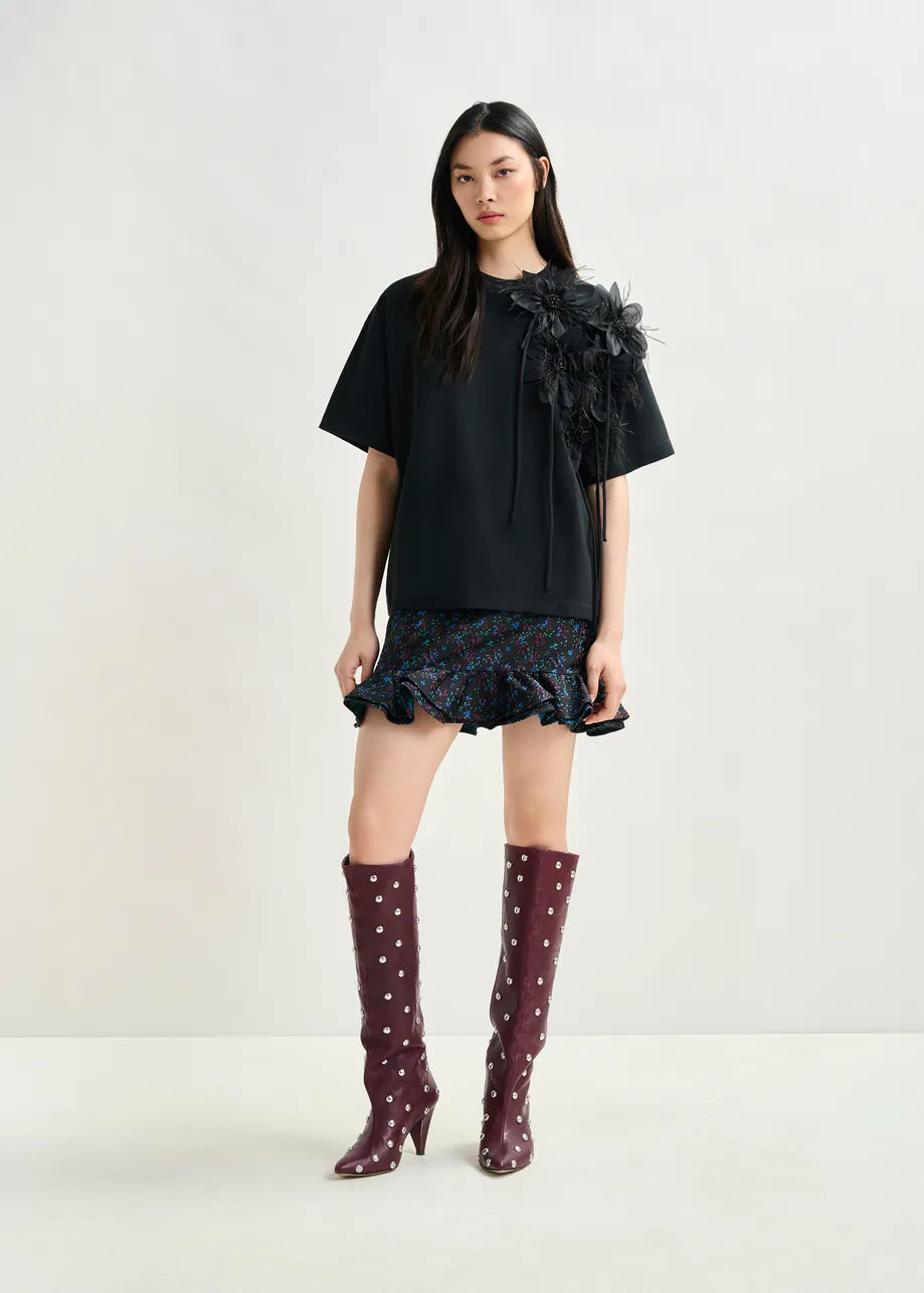 T-Shirt with Floral Detail in Black