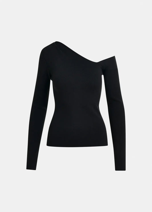 Rib Knitted Sweater with Asymmetric Neckline