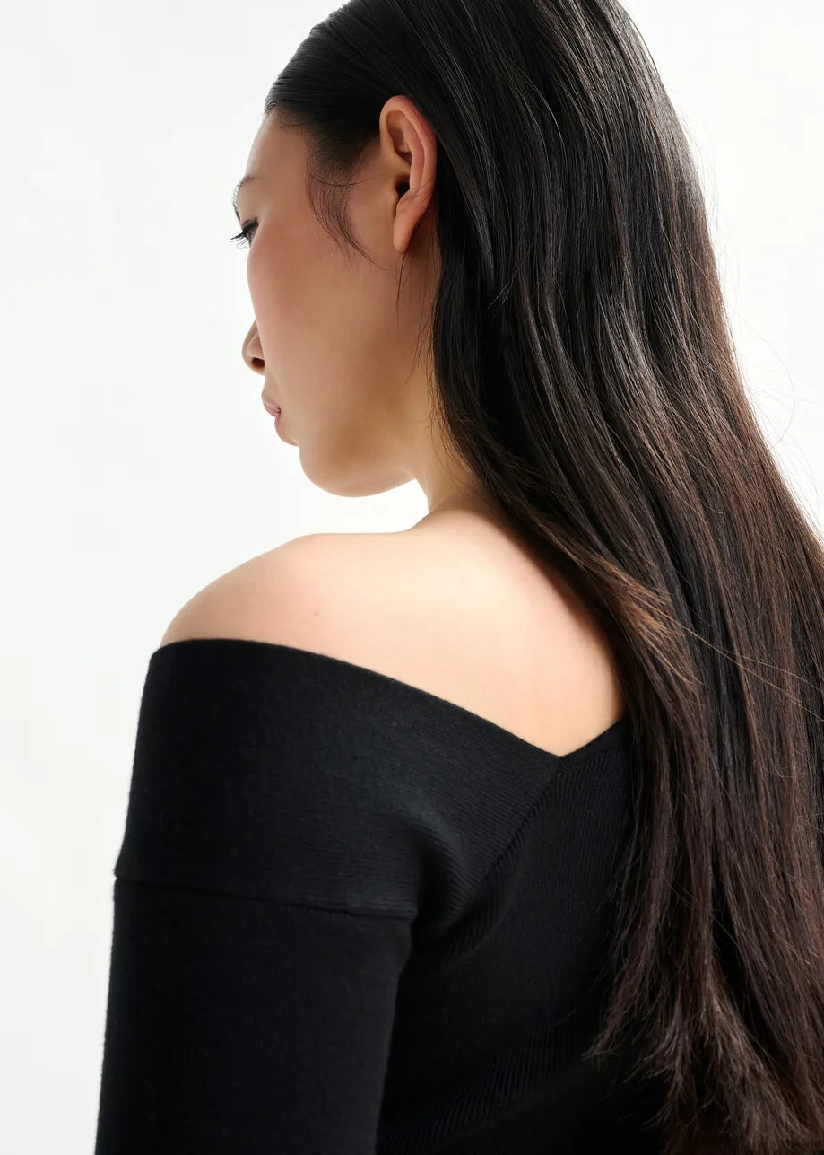 Rib Knitted Sweater with Asymmetric Neckline