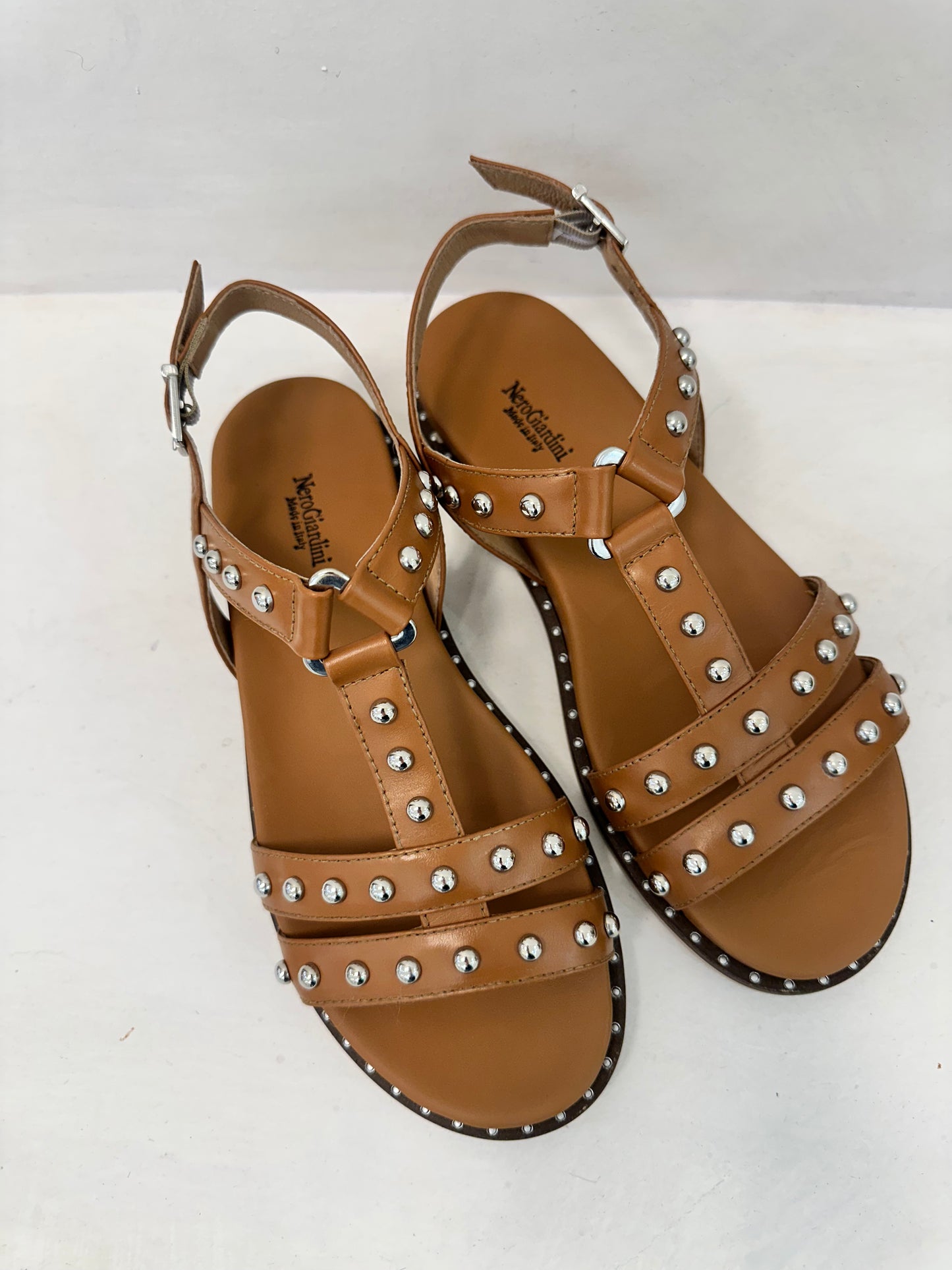 TAN LEATHER STUD FLAT SANDALS-NERO GIARDINI