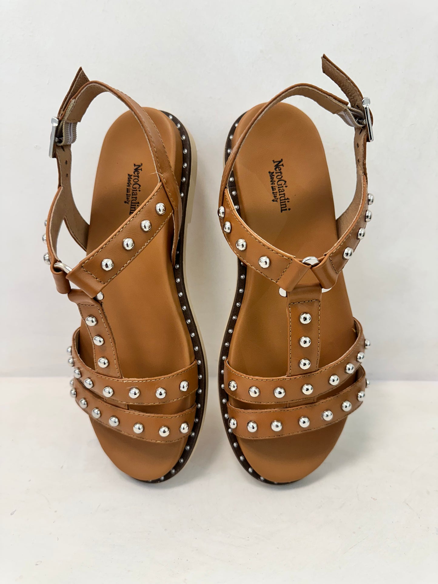 TAN LEATHER STUD FLAT SANDALS-NERO GIARDINI