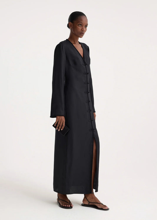 MANDARIN SILK CLOSURE DRESS - BLACK - ROHE