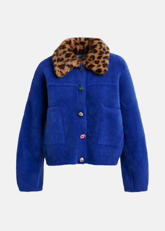 Blue Cardigan with Leopard Faux Fur Collar