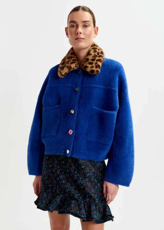 Blue Cardigan with Leopard Faux Fur Collar
