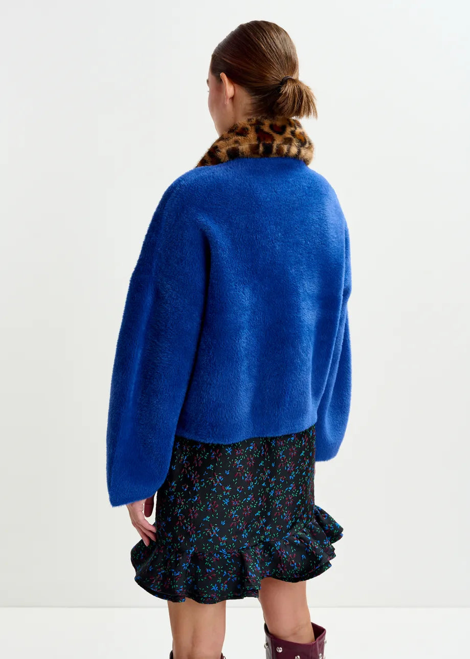 Blue Cardigan with Leopard Faux Fur Collar