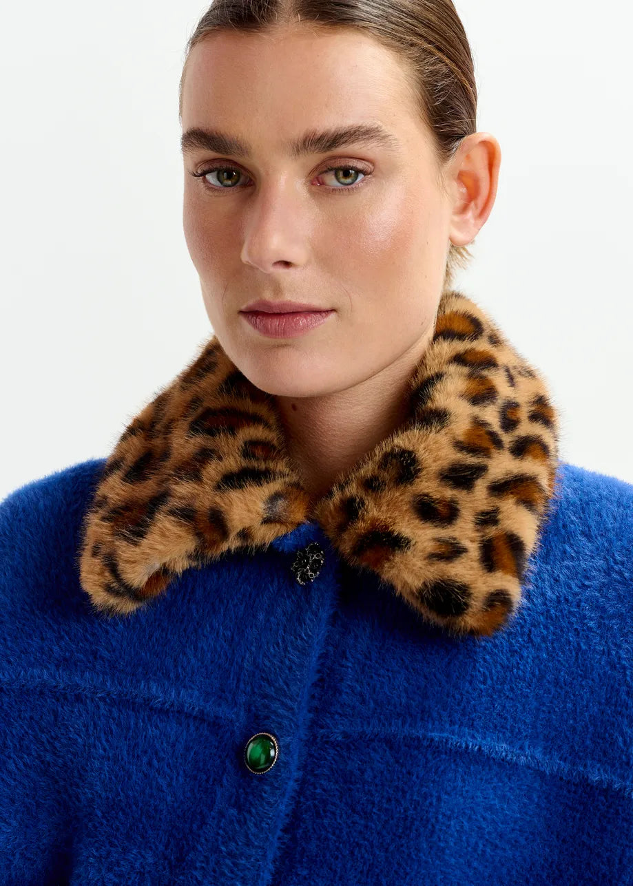 Blue Cardigan with Leopard Faux Fur Collar