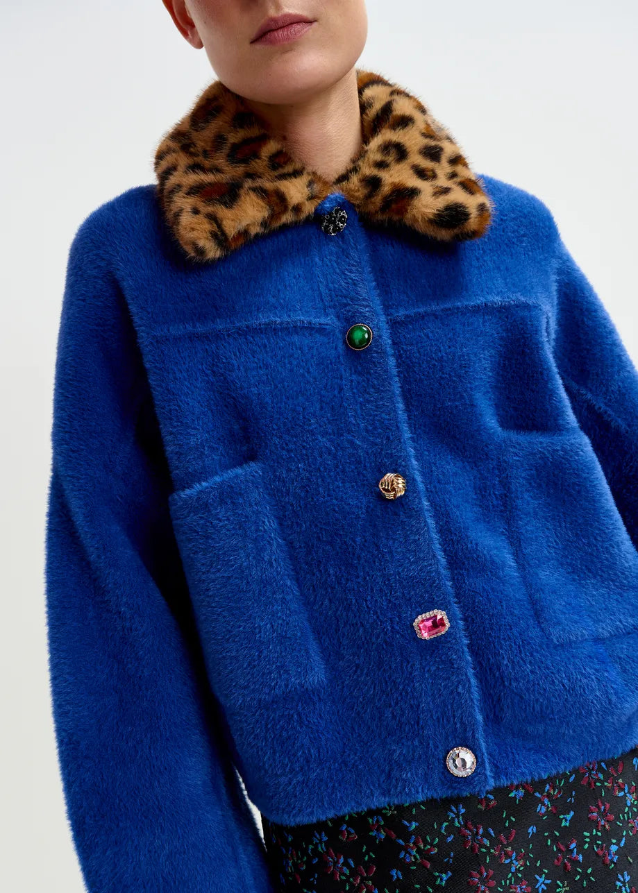 Blue Cardigan with Leopard Faux Fur Collar