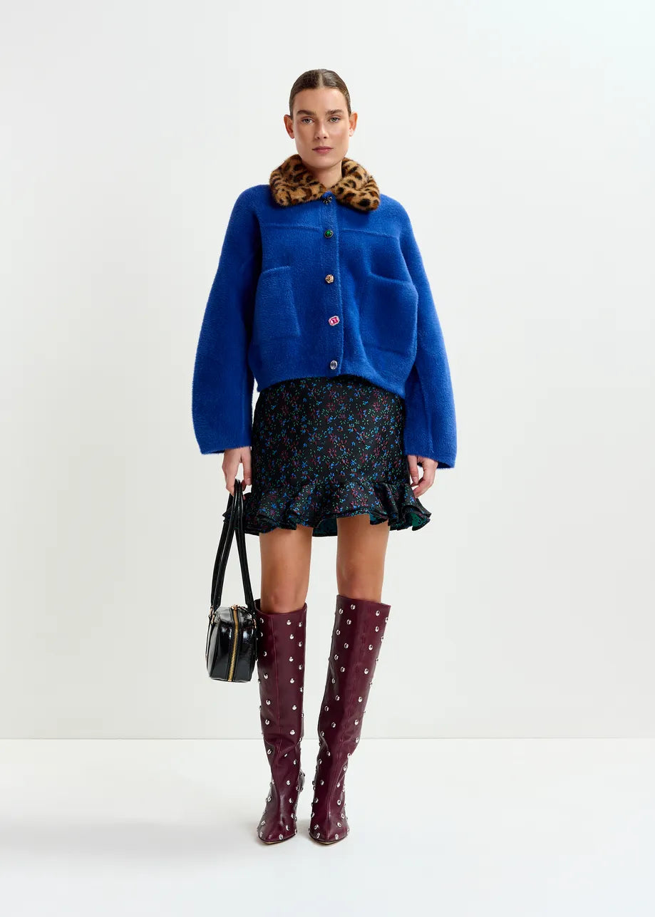 Blue Cardigan with Leopard Faux Fur Collar
