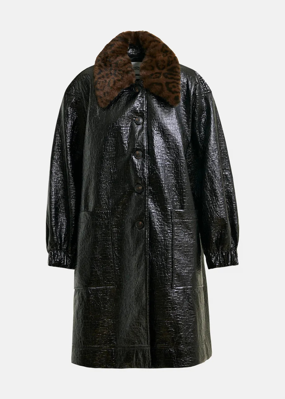 Black Glossy Coat with Leopard Print Faux Fur Collar