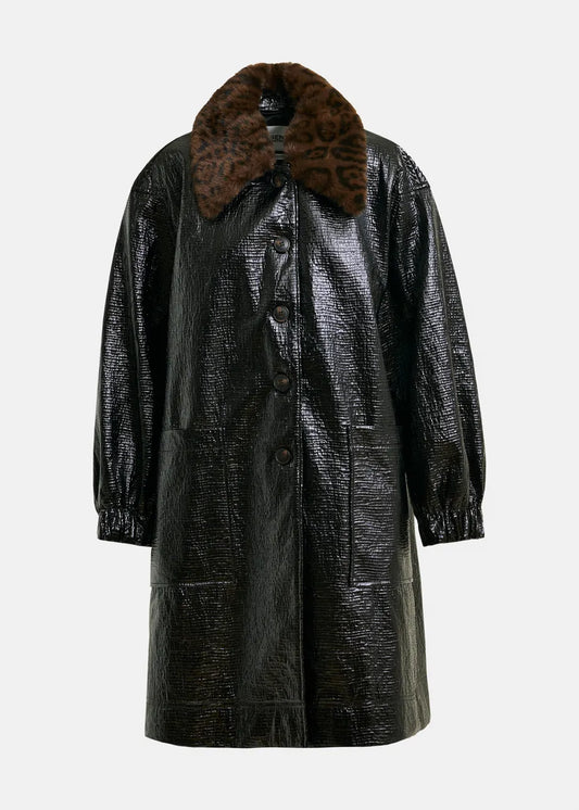 Black Glossy Coat with Leopard Print Faux Fur Collar