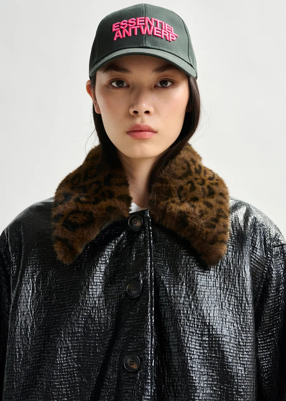 Black Glossy Coat with Leopard Print Faux Fur Collar