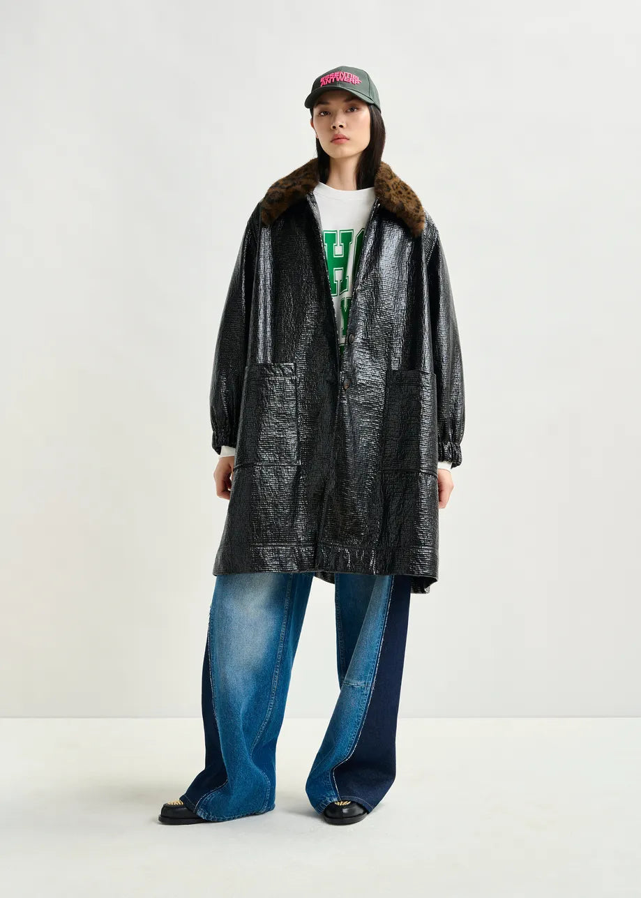 Black Glossy Coat with Leopard Print Faux Fur Collar