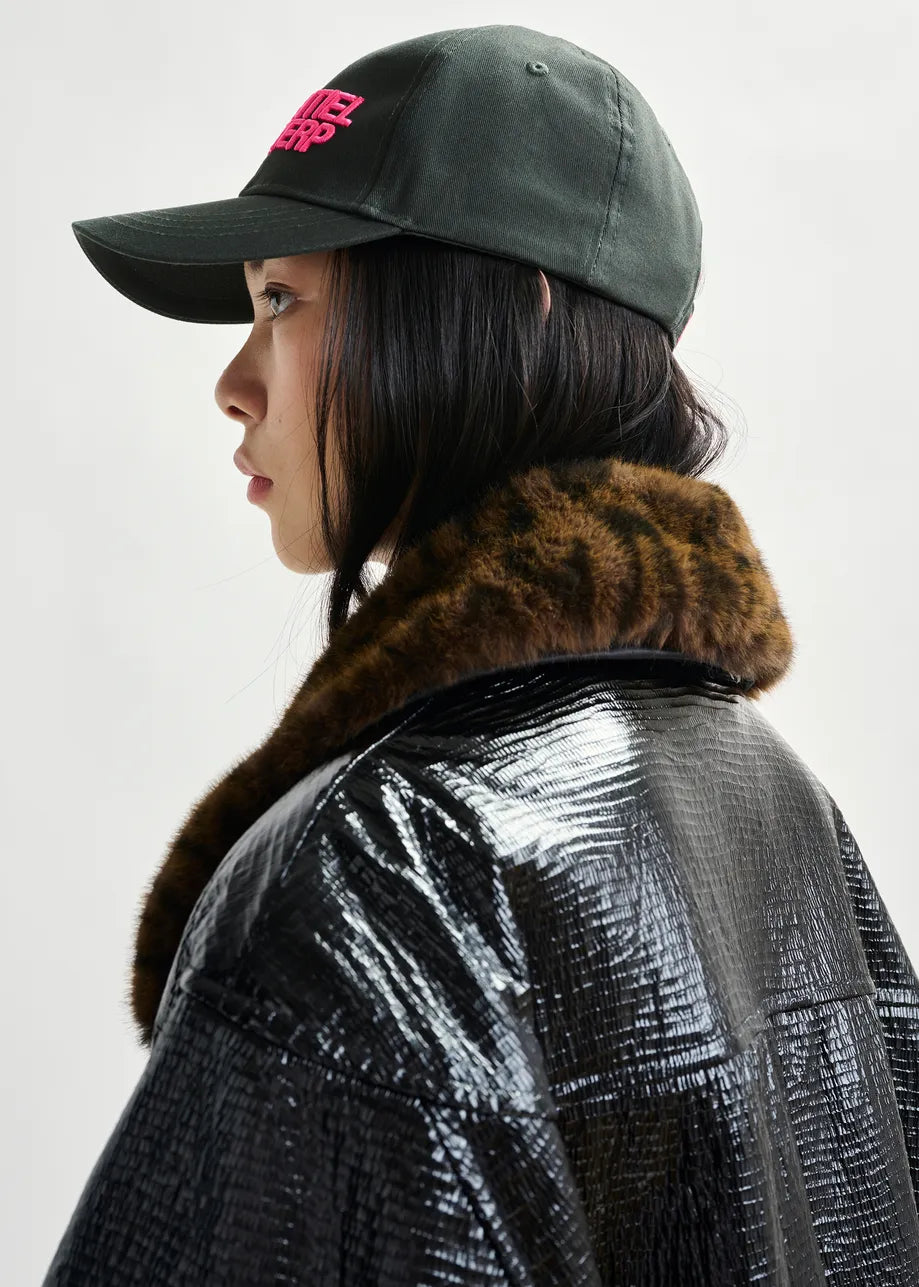 Black Glossy Coat with Leopard Print Faux Fur Collar