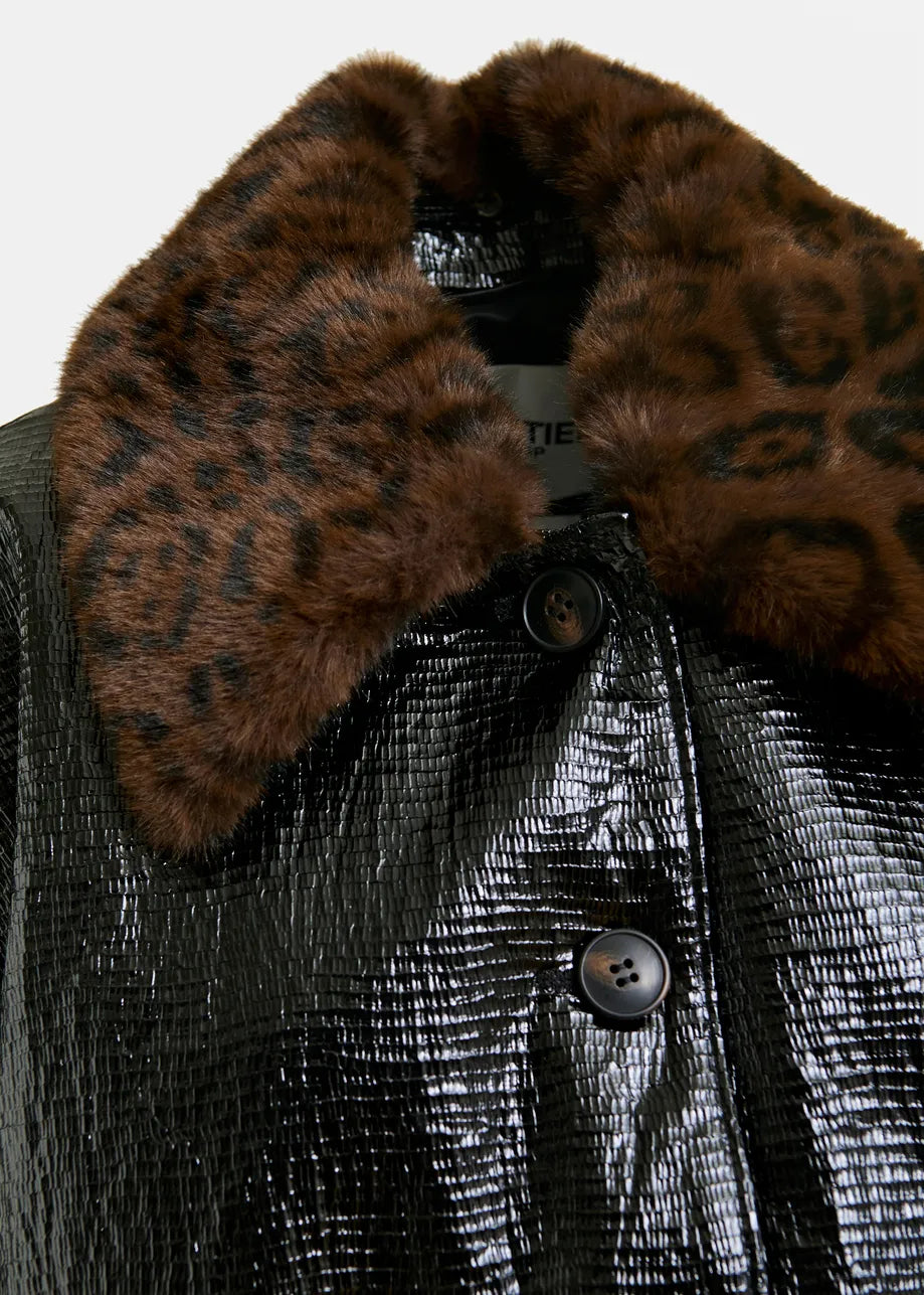 Black Glossy Coat with Leopard Print Faux Fur Collar