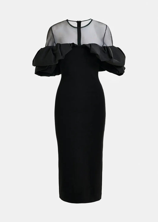 Midi Dress with Sculptural Ruffles in Black