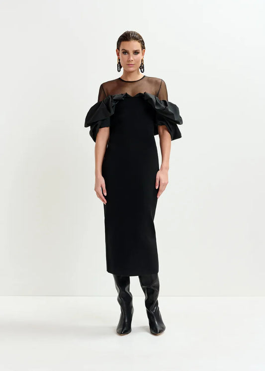 Midi Dress with Sculptural Ruffles in Black