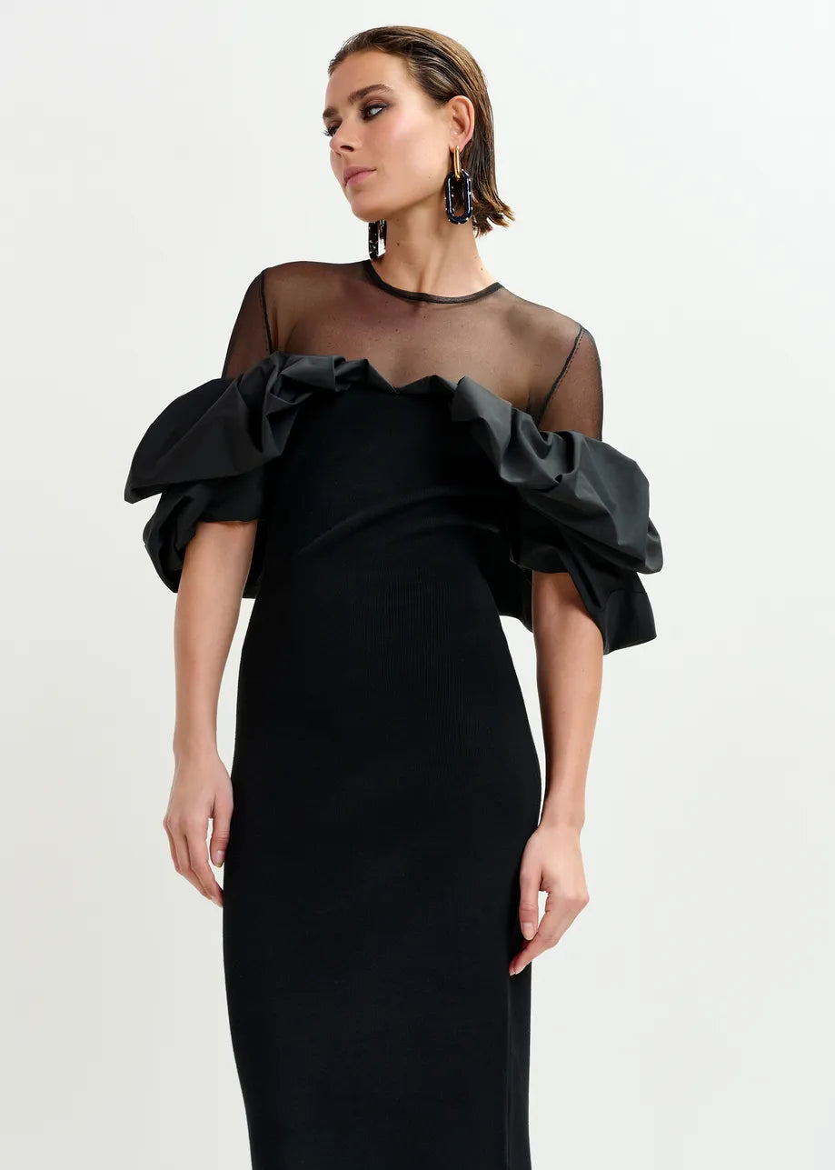 Midi Dress with Sculptural Ruffles in Black