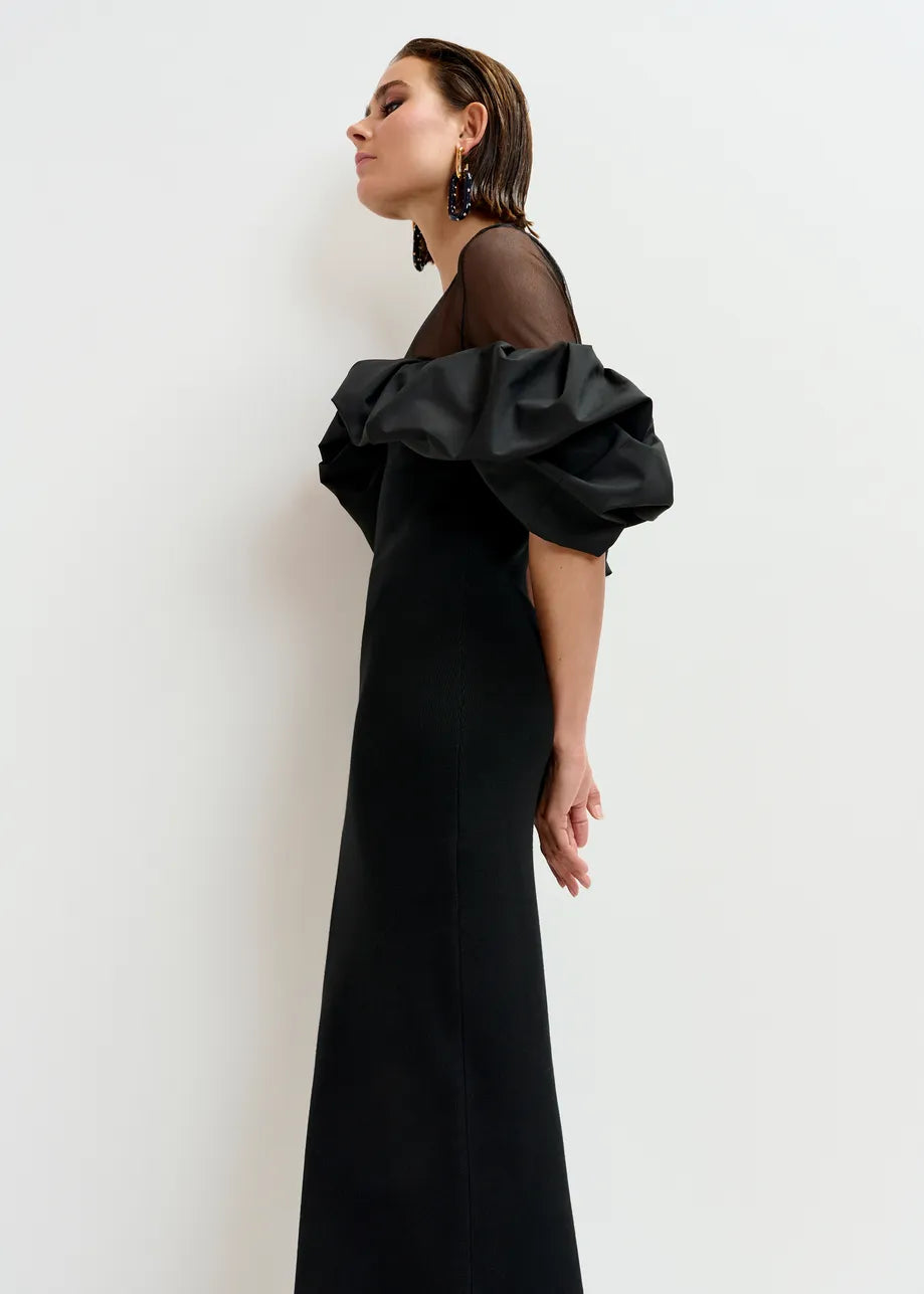Midi Dress with Sculptural Ruffles in Black