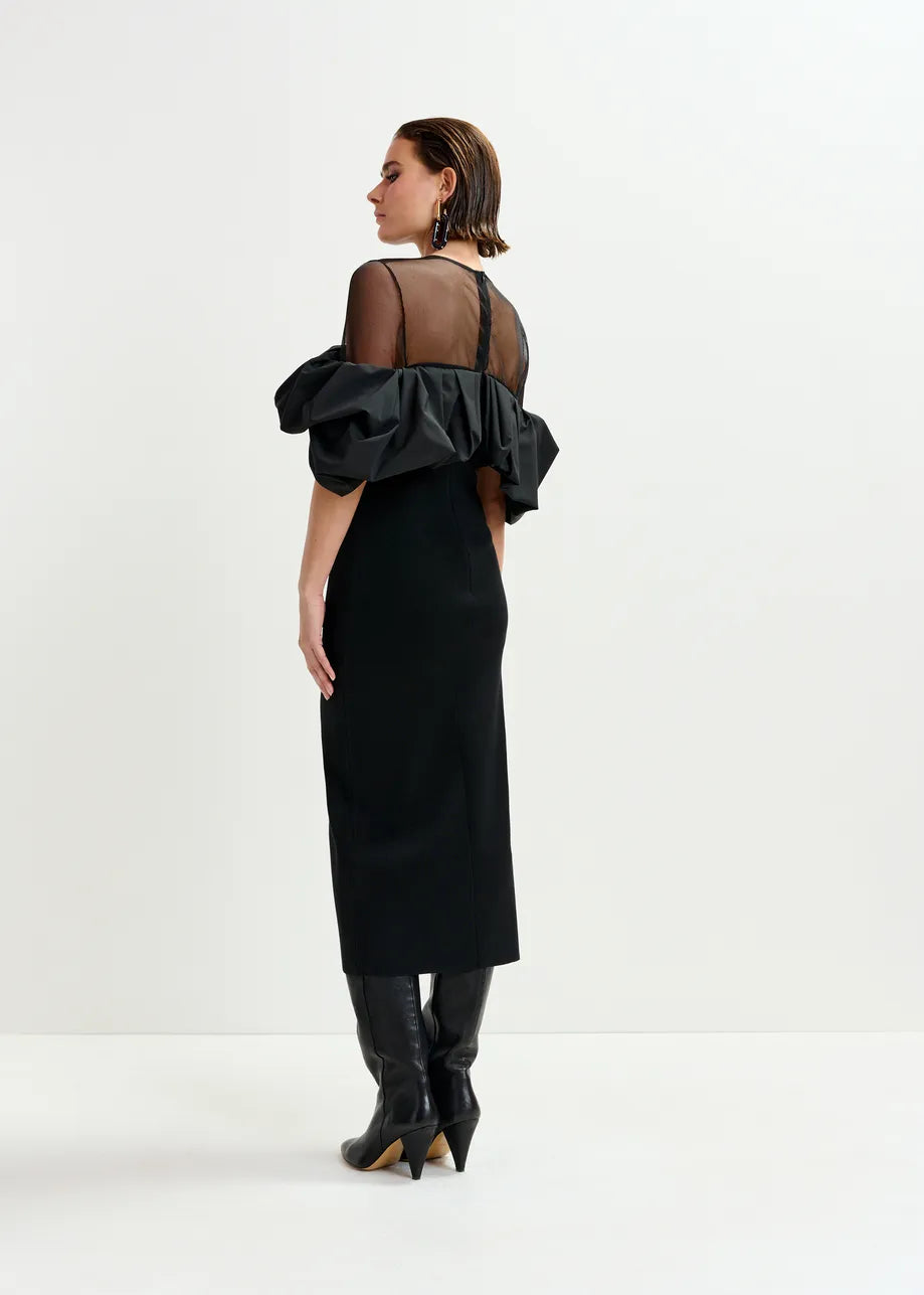 Midi Dress with Sculptural Ruffles in Black