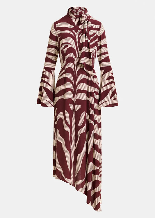 Asymmetric Zebra Print Maxi Dress with Pussy Bow Tie