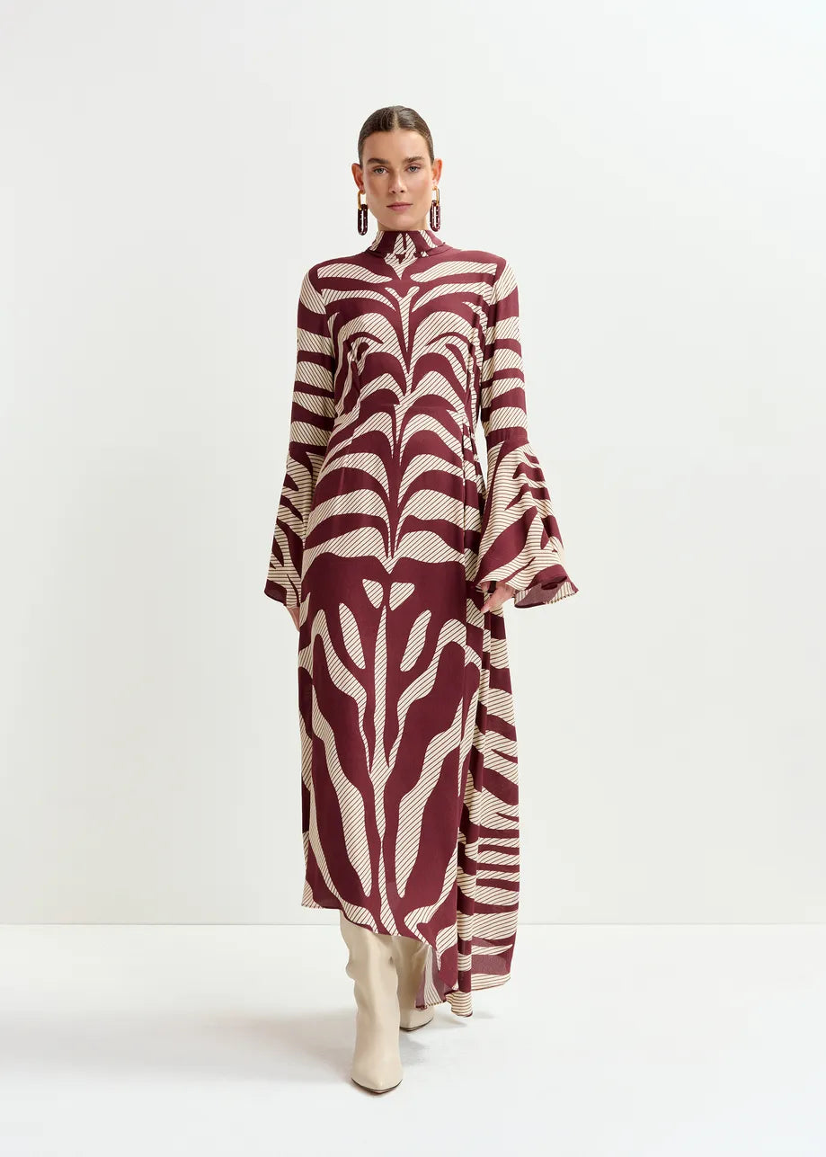Asymmetric Zebra Print Maxi Dress with Pussy Bow Tie