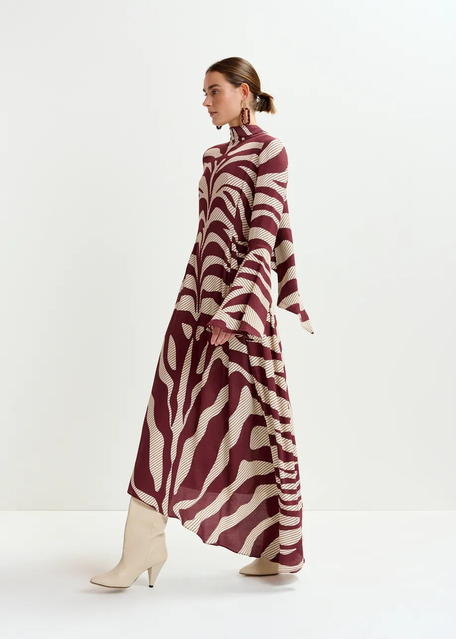 Asymmetric Zebra Print Maxi Dress with Pussy Bow Tie