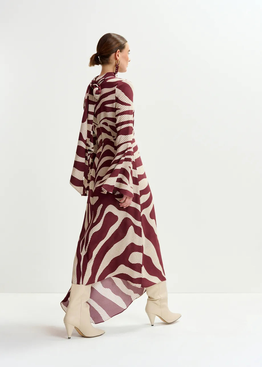 Asymmetric Zebra Print Maxi Dress with Pussy Bow Tie