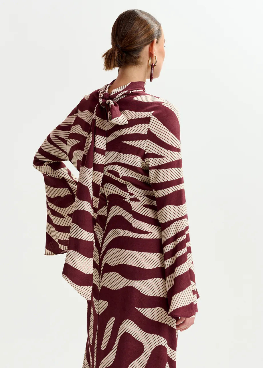 Asymmetric Zebra Print Maxi Dress with Pussy Bow Tie