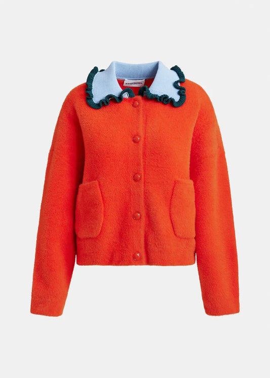 Cardigan with Contrastring Ruffle Collar in Orange