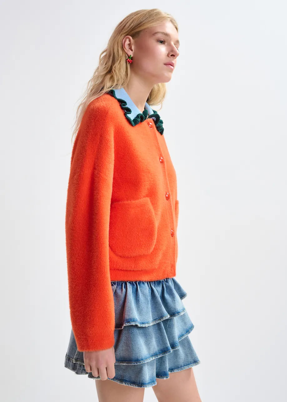 Cardigan with Contrastring Ruffle Collar in Orange