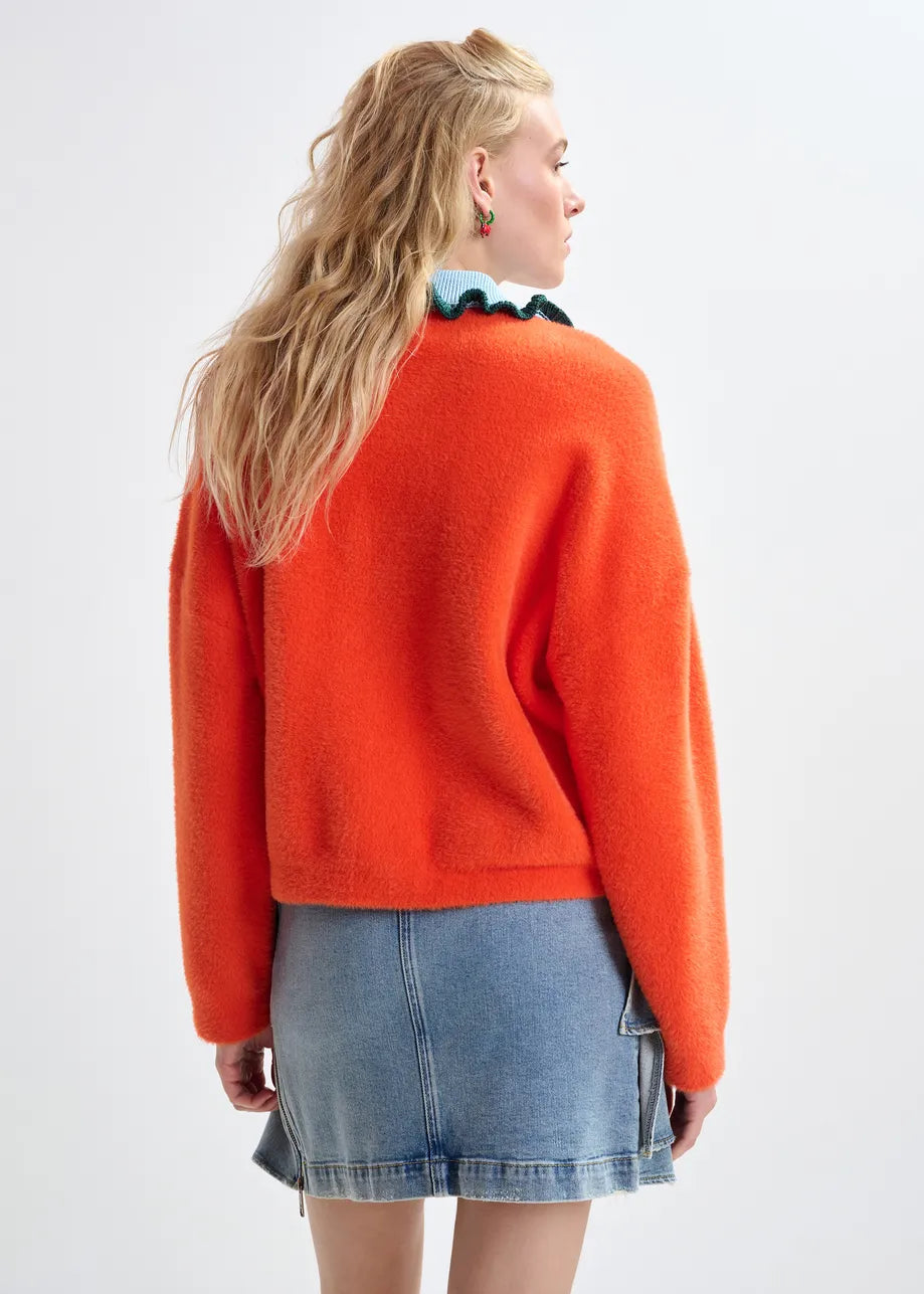 Cardigan with Contrastring Ruffle Collar in Orange