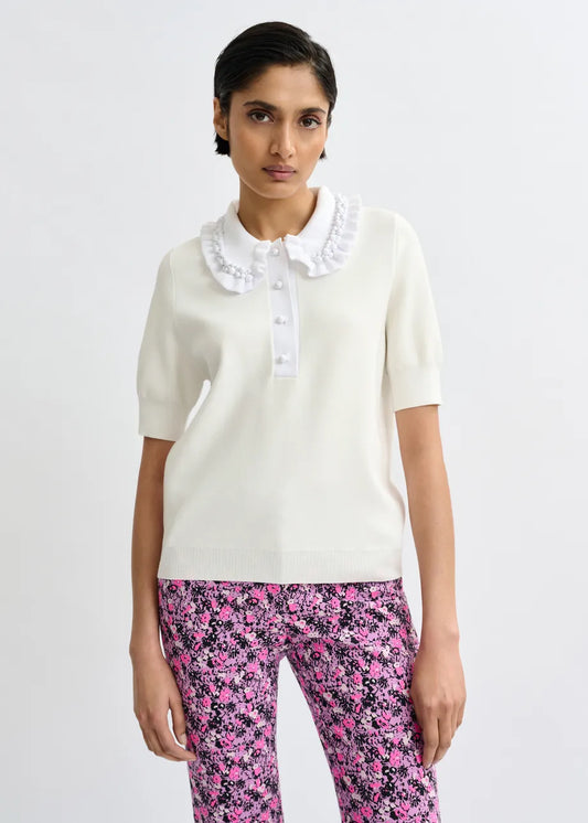 Jewelry Embroidered Knit Polo in White