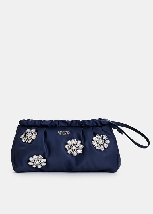 Satin Pouch with Rhinestone Embellishments in Navy