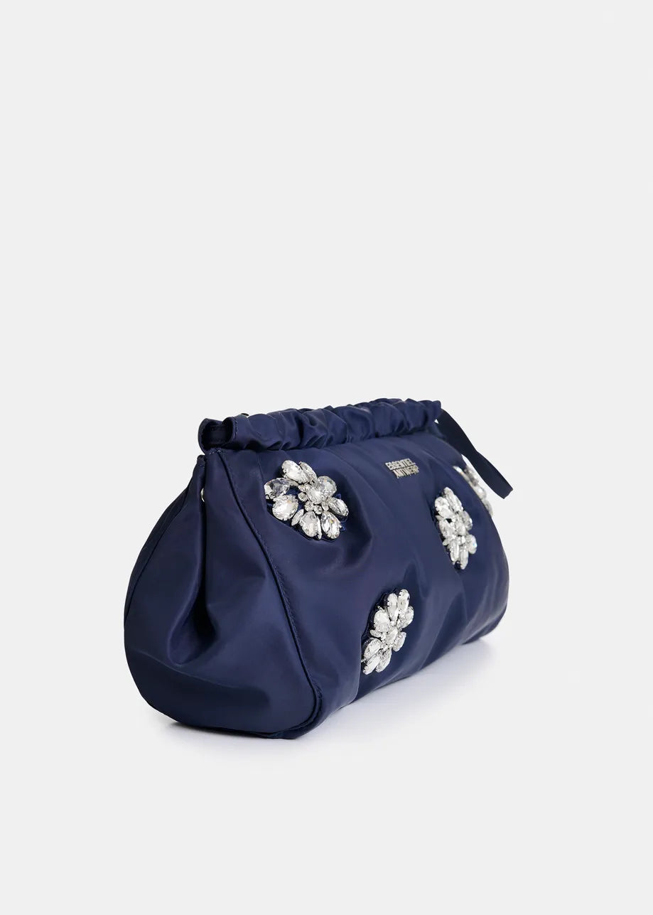 Satin Pouch with Rhinestone Embellishments in Navy