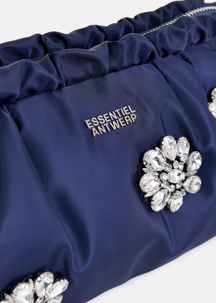 Satin Pouch with Rhinestone Embellishments in Navy