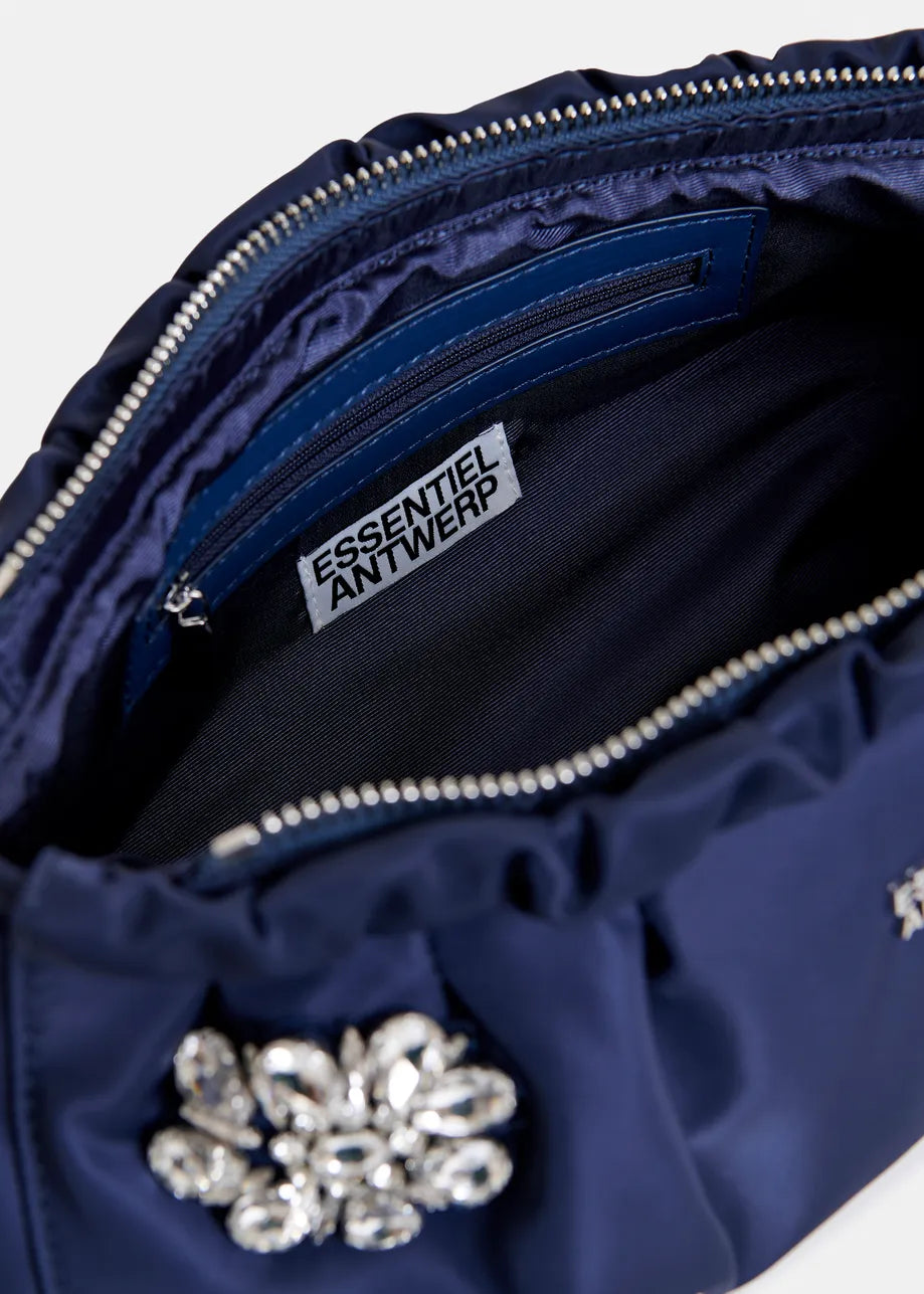 Satin Pouch with Rhinestone Embellishments in Navy