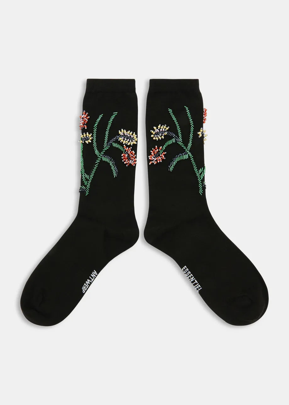 Socks with Bead Flower Embroidery in Black