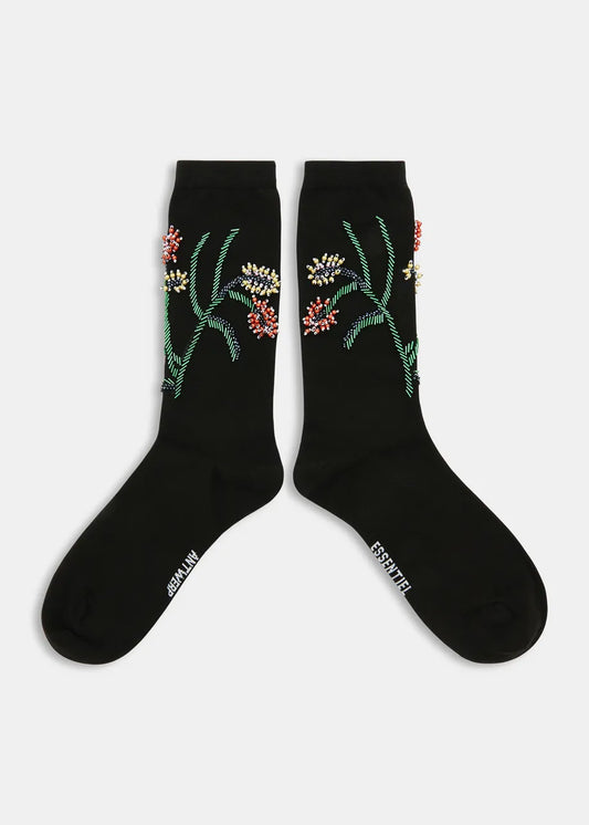 Socks with Bead Flower Embroidery in Black