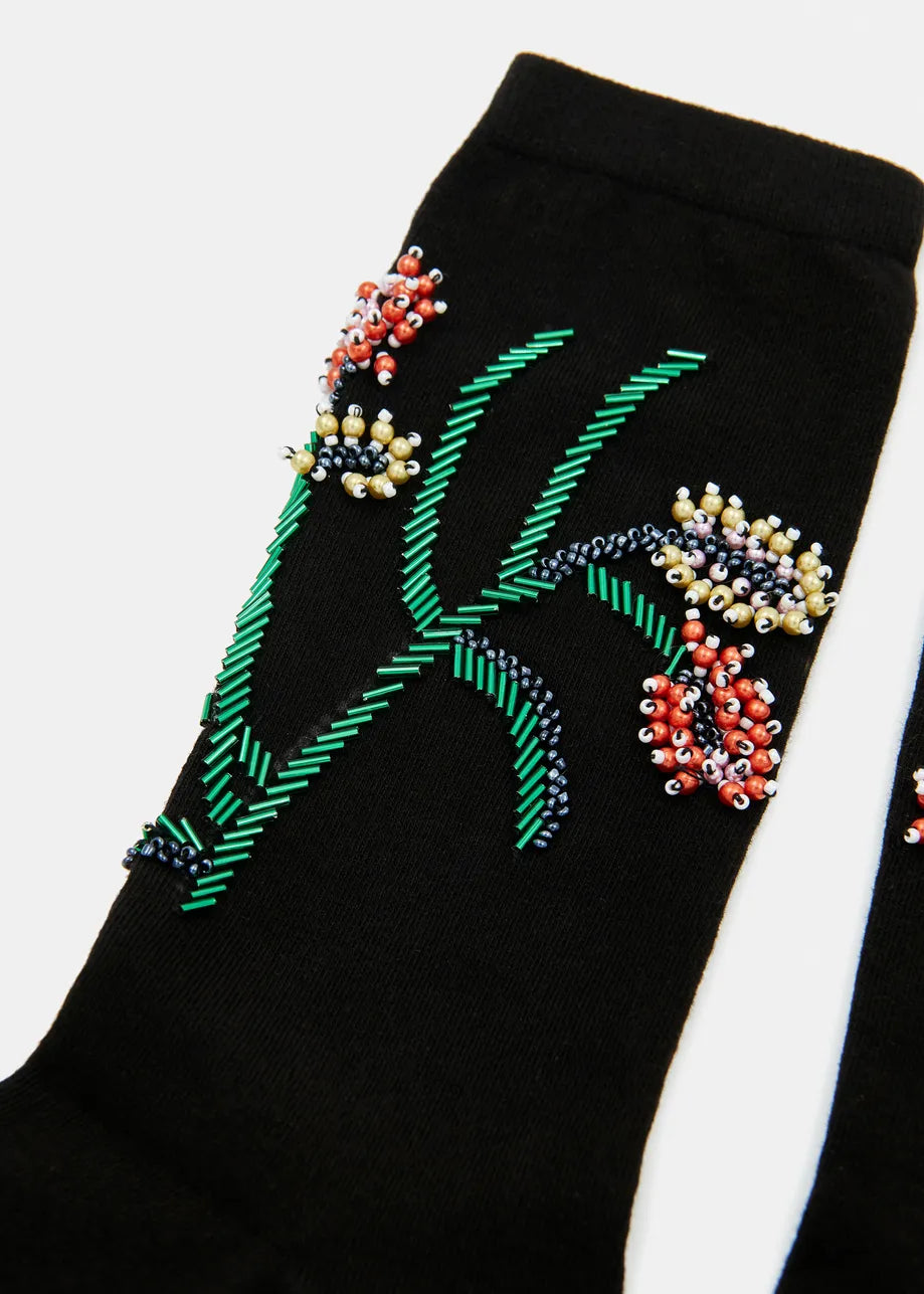 Socks with Bead Flower Embroidery in Black