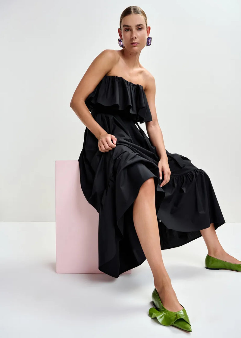 Joyce Belted Ruffle Dress in Black
