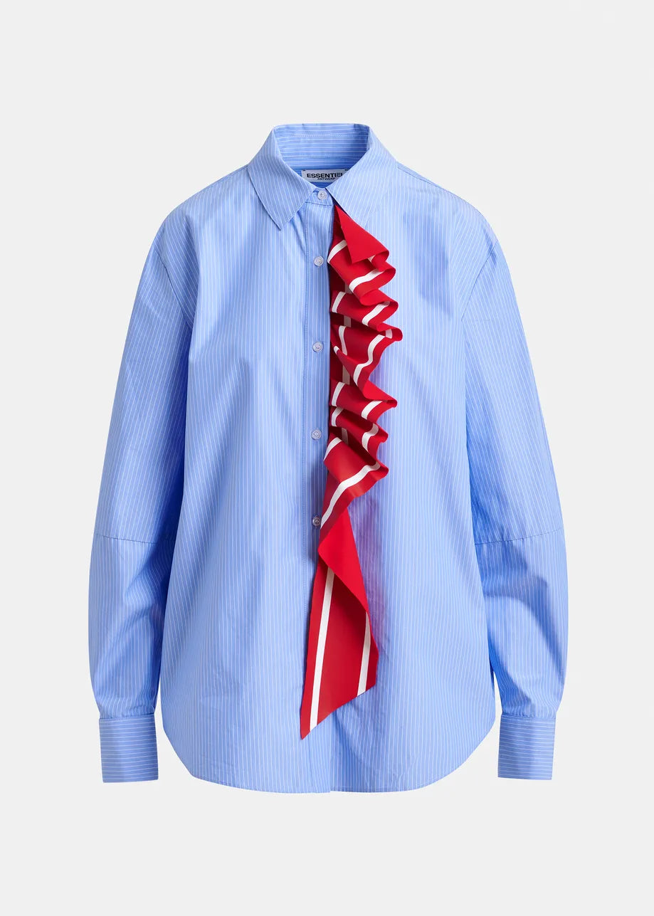 Pinstripe Shirt with Red Ribbon Detail in Blue