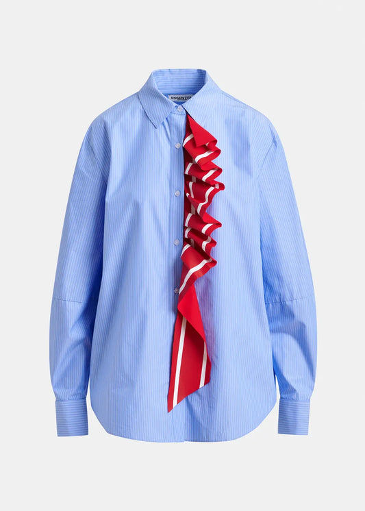 Pinstripe Shirt with Red Ribbon Detail in Blue