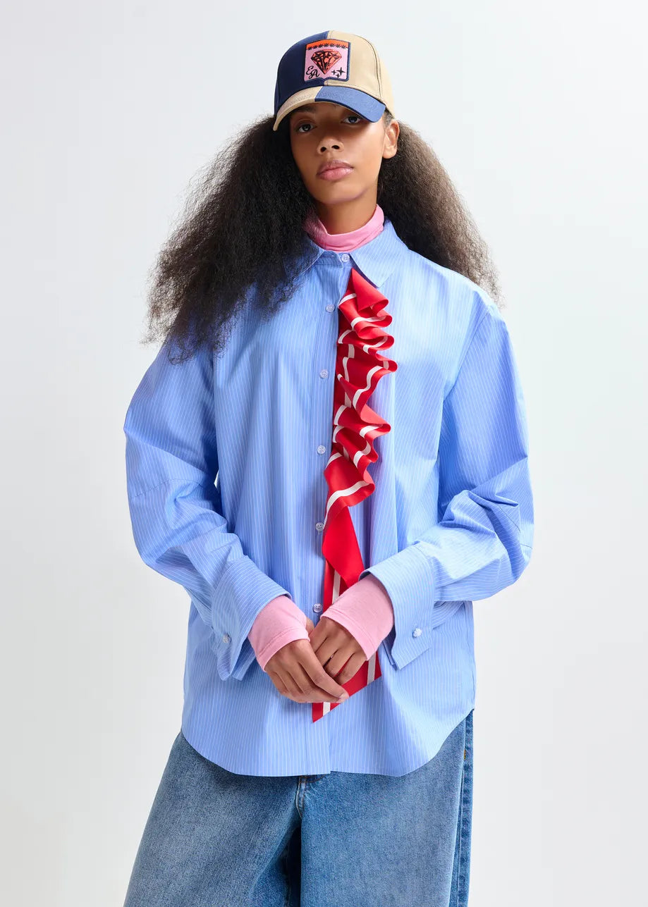 Pinstripe Shirt with Red Ribbon Detail in Blue