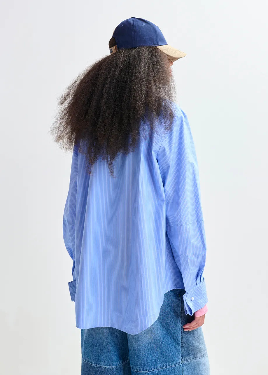 Pinstripe Shirt with Red Ribbon Detail in Blue